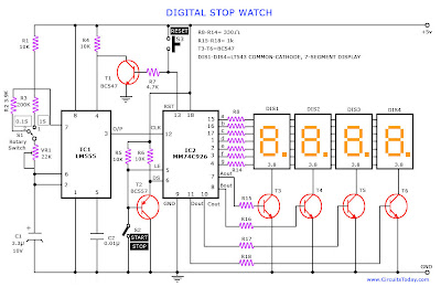 (IC LM555 + 4-digit counter IC MM74C926 + multiplexed 7-segment LED display) using to make a digital Stop Watch