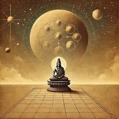 "A minimalist, ancient-style illustration of Lord Vishnu seated in Vaikuntha, overseeing the cosmic game of Paramapada Sopana Patam. The celestial board game extends across the heavens, with divine beings playing. The background features cosmic elements and temple motifs, rendered in muted earthy tones, resembling ancient Indian manuscripts."