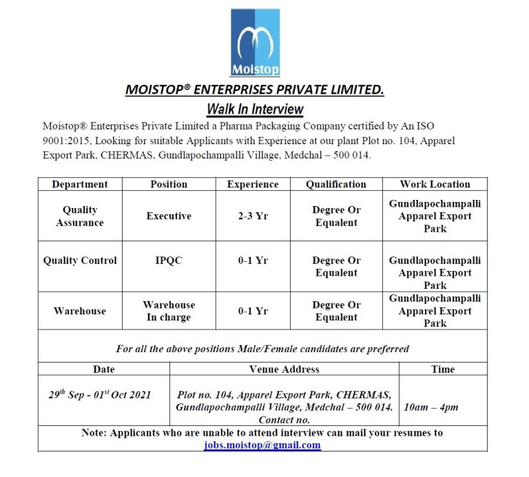 Job Availables,Moistop® Enterprises Pvt. Ltd – Walk-In Interview for QA / QC / Warehouse