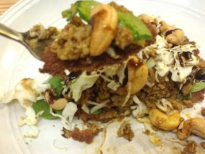 Taro Fritter with ground meat, cabbage, spinach, cashew seeds and reduction of balsamic vinegar.)(Paleo, Gluten-Free)jpg