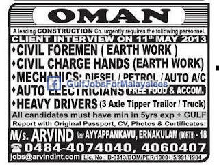 Urgently Required For A onstruction Co. In Oman