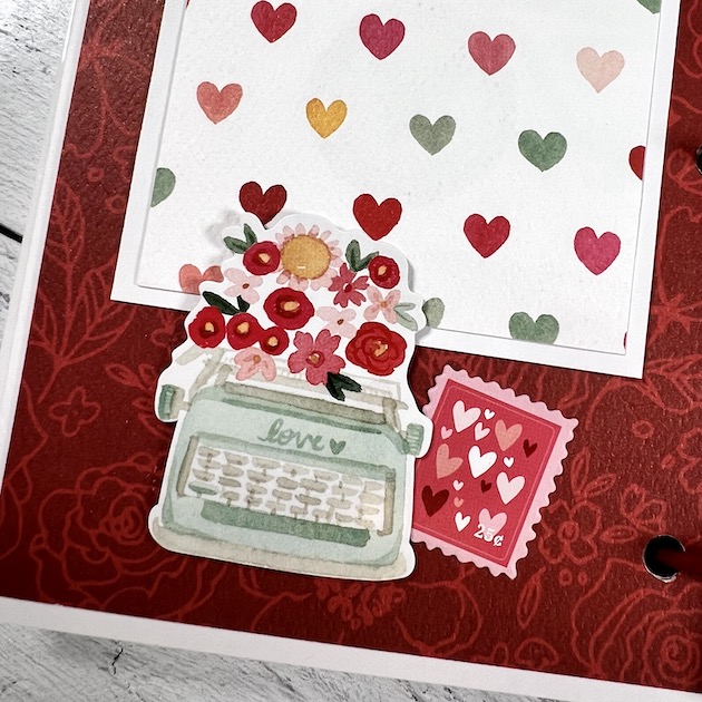 Valentine's Day Scrapbook Album Page with hearts, flowers, and a typewriter