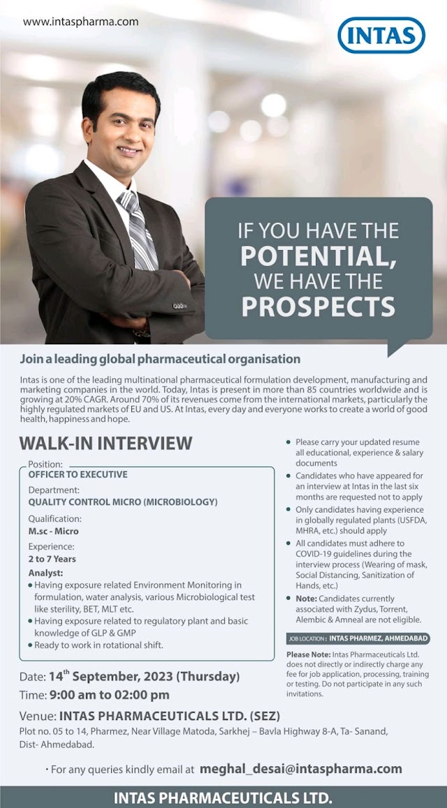 Intas Pharmaceuticals | Walk-in Interview for Quality Control on 14th Sep 2023