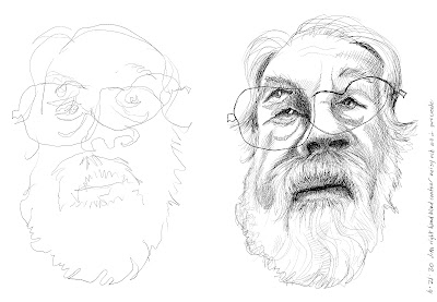 On left - blind contour drawing, on right the drawing has hatching added.