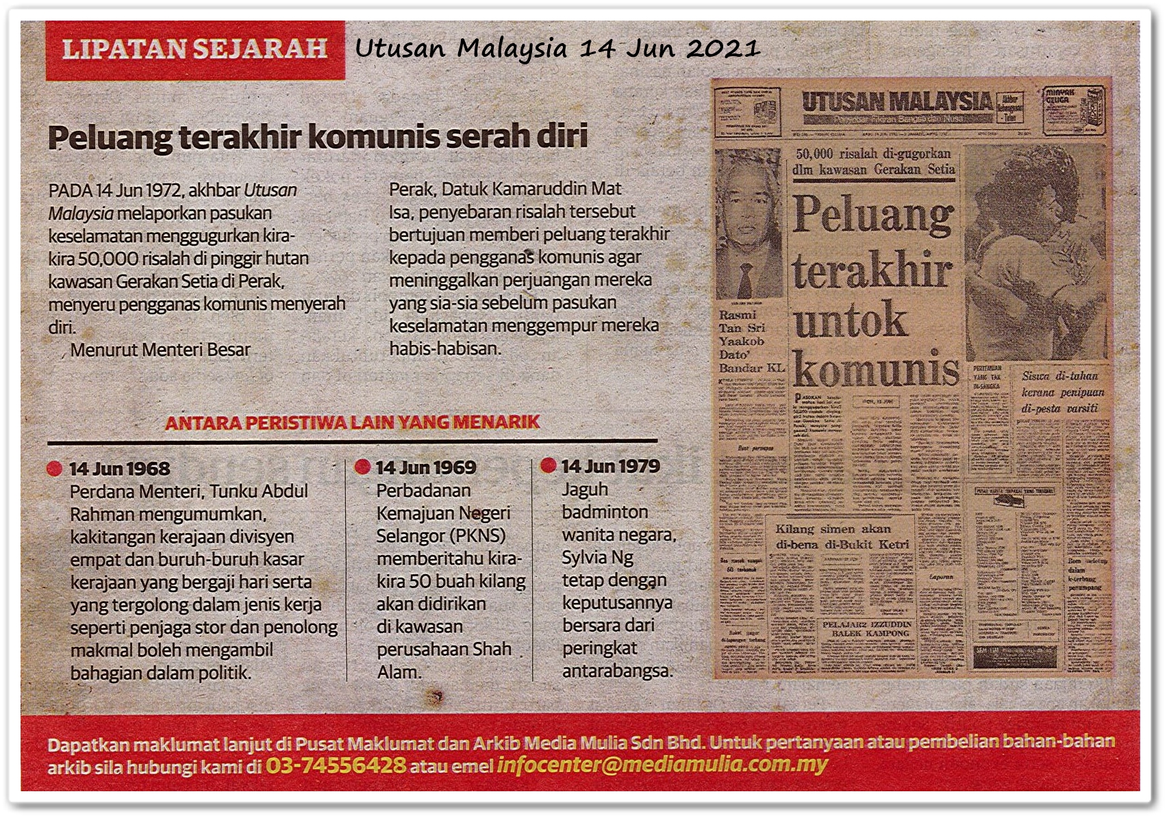 Lipatan sejarah 14 Jun - Keratan akhbar Utusan Malaysia 14 Jun 2021