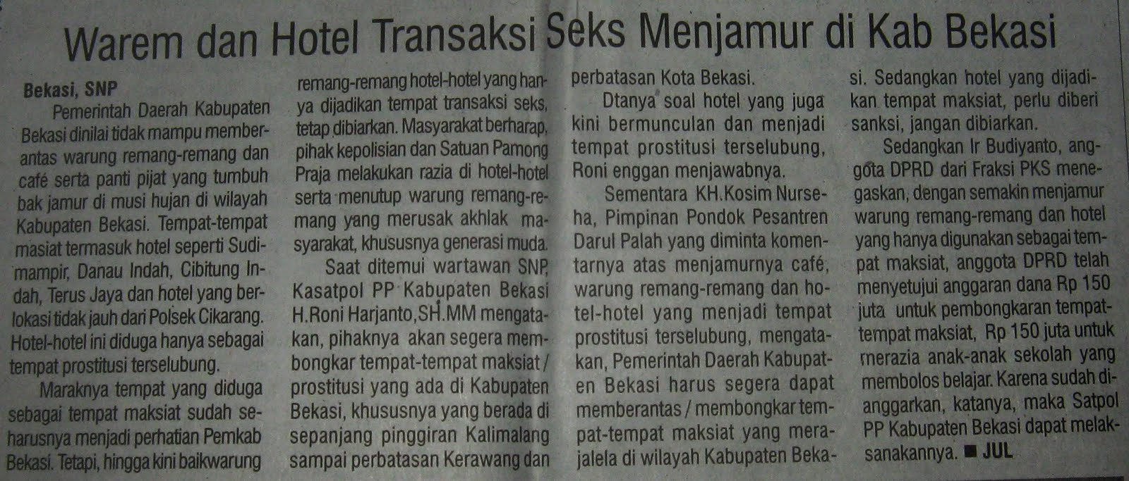 Warem dan Hotel Transaksi Seks Menjamur di Kab Bekasi 