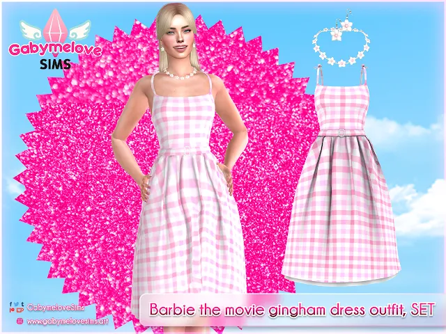 Sims 4 CC | Clothing: Barbie the movie pink gingham dress outfit, SET | Gabymelove Sims | Download, descargar, custom content, contenido personalizado, cloth, clothes, ropa, vestimenta, outfit, conjunto, doll, película, film, live action, rosa, rosado, tartan, cuadros, vestido, plaid, long, largo, package, margot robbie, Necklace, earring, dresses, collar, flower, zarcillos, aretes, flores, perlas, pearl