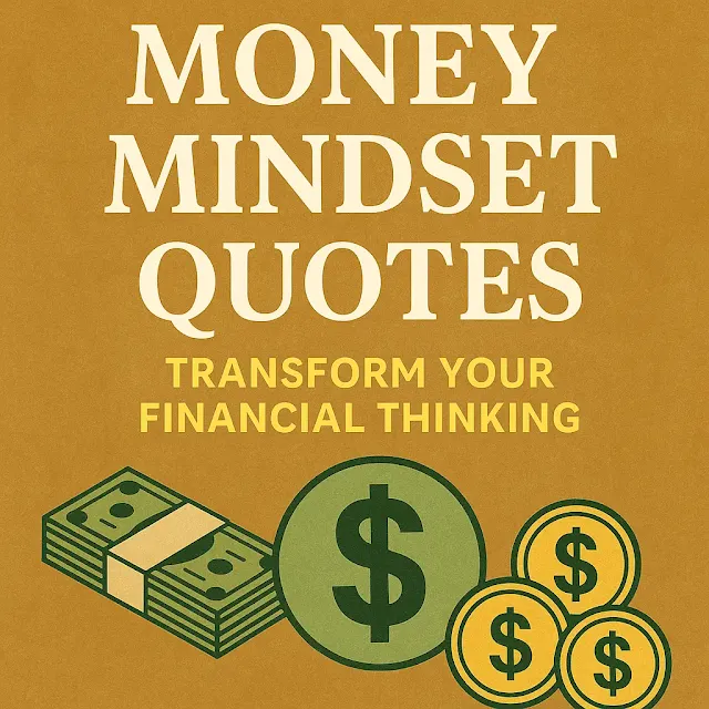 Digital cover image featuring the title "Money Mindset Quotes: Transform Your Financial Thinking" with modern typography, currency symbols, and abstract graphics representing financial growth and abundance.