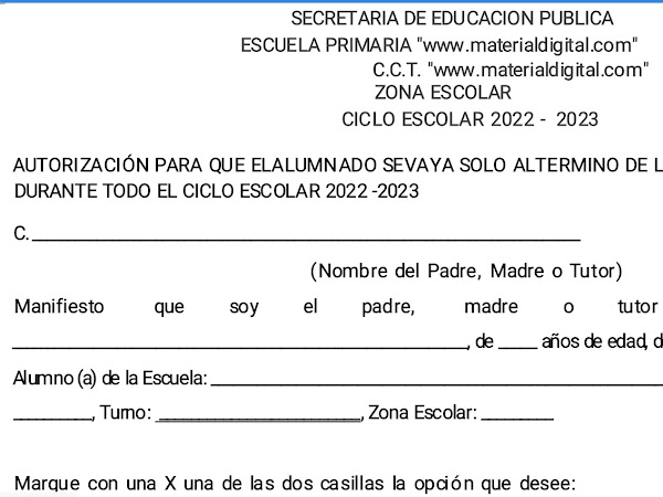 Formato para autorizar que los alumnos se regresen solos o acompañados a casa 