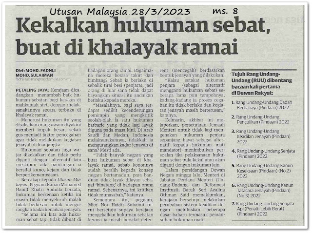 Kekalkan hukuman sebat, buat di khalayak ramai - Keratan akhbar Utusan Malaysia 28 Mac 2023