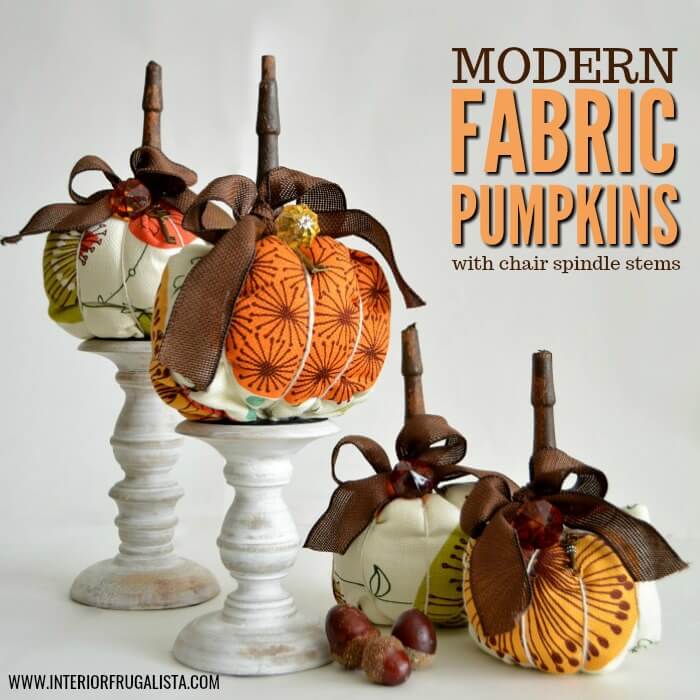 Funky DIY retro fabric pumpkins with chair spindle stems that have unique bold mid-century modern style and a vintage 70s autumn color palette.