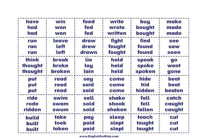 Irregular verbs board game cards