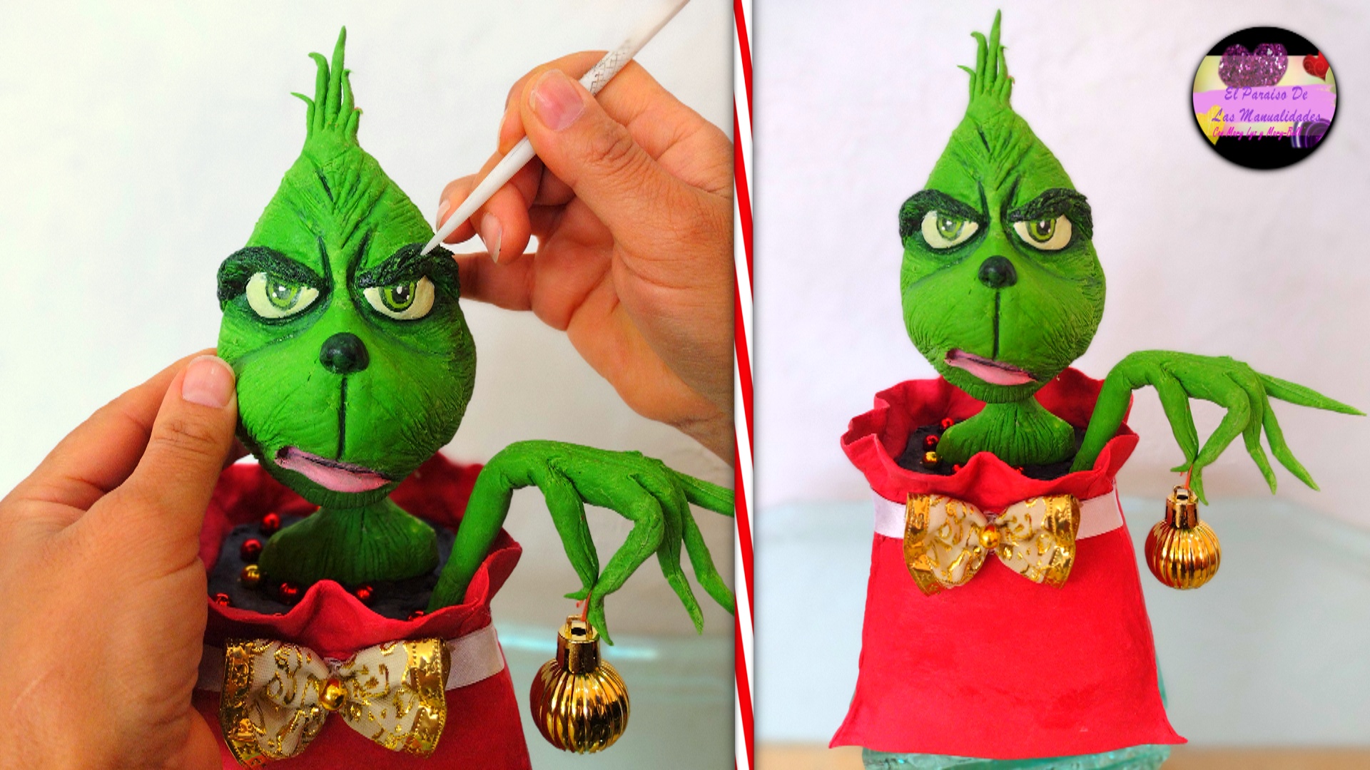 Como hacer al Grinch con plastilina o porcelana fría caseras TODO CON MATERIAL RECICLADO