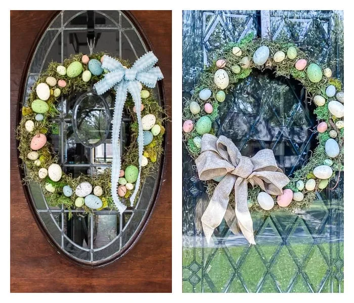 Easter egg wreaths hanging on front doors
