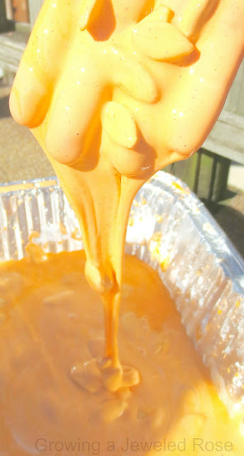 Pumpkin GOOP for amazing Fall sensory play. Kids love this oozing cross between a liquid and a solid, and you only need a few common ingredients to make it. Smells just like pumpkin pie, too!