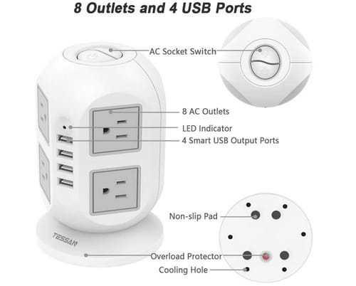 TESSAN JW401 Surge Protector 8 AC Outlets 4 USB Ports