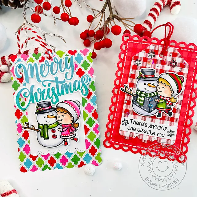 Sunny Studio Stamps: Snow One Like You Winter Themed Holiday Tags by Bobbi Lemanski (featuring Holiday Greetings, Mini Mat & Tag Dies)