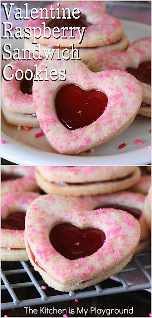 Valentine Raspberry Sandwich Cookies ~ With raspberry jam filling sandwiched between rich heart-shaped butter cookies, these are one truly delicious sweet treat! They're the perfect little goodie to spoil your special ones with on Valentine's Day!  www.thekitchenismyplayground.com