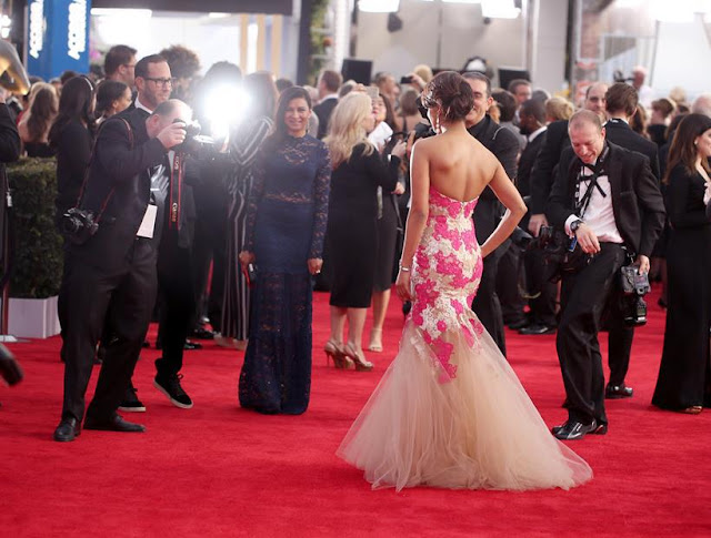 Priyanka Chopra Pink and White Floral Monique Lhuillier Gown