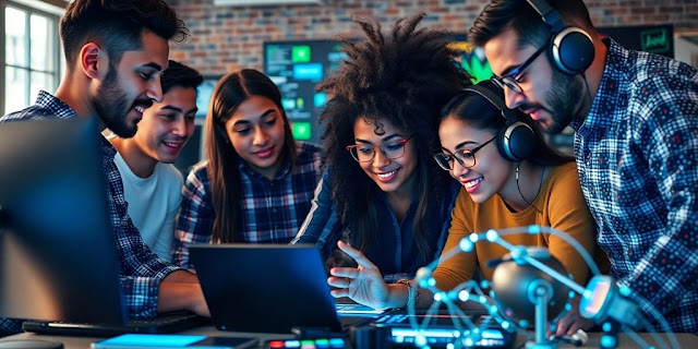Diverse media creators collaborating in a modern workspace.