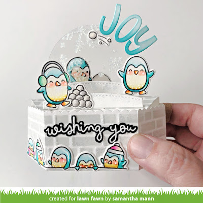 Wishing You Joy Card by Samantha M for Lawn Fawn, Platform Pop-Up, Interactive Card, Distress Inks, Lawn Fawn, Tutorial, YouTube, Video, Die Cutting, Christmas Card, Card Making, #lawnfawn #youtube #distressinks #tutorital #cardmaking #lawnfawncard #christmascard #penguins #platformpopup