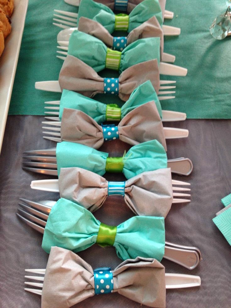 Cute idea for a baby boy shower. Gather napkin like a bow tie, place
