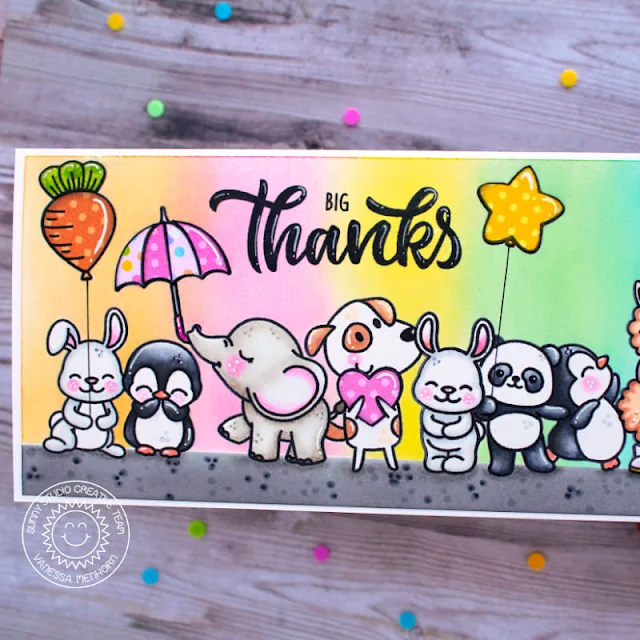 Sunny Studio Stamps: Spring Fever Patterned Paper Focused Card by Vanessa Menhorn (featuring Panda Party, Bunnyville, Floating By, Big Bold Greetings)