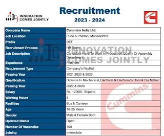 Diploma Jobs Recruitment in Cummins India Ltd Pune, Maharashtra| Diploma Campus Placement Drive 2023