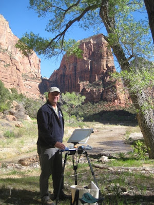 Roland Lee sets up his plein air painting gear at the Footsteps of Thomas Moran Invitational Paint out n Zion National Park