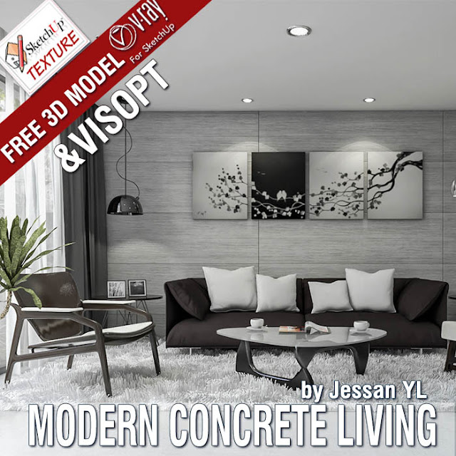  really good textured amongst a perfect combination of colors FREE SKETCHUP MODEL MODERN CONCRETE LIVING ROOM & VRAY VISOPT 