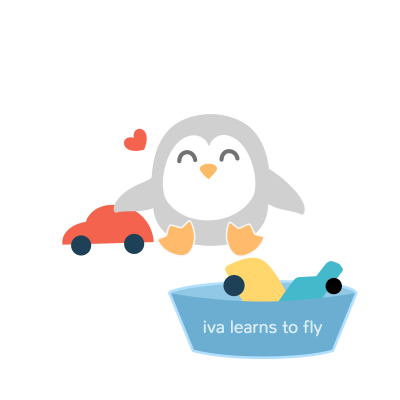 In this image you will see, unless you are visually-impaired and therefore listening to this description, a cute grey baby penguin playing with its favorite toy car, which is red. There are two less-favorite vehicles still in the toybox.