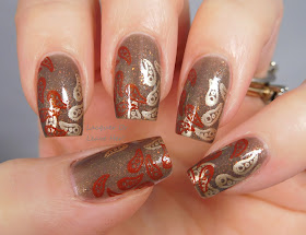 Messy Mansion MM48XL over The Lady Varnishes Depressed Robot, stamped with Soft Gold and Gingerbread
