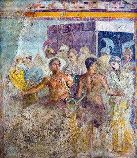 Homossexualidade na Grécia Antiga - Homossexualidade na Mitologia Grega - Aquiles e Pátroclo - Aquiles e Pátroclo veem Briseis ser levada (para Agamenon), afresco de Pompeia