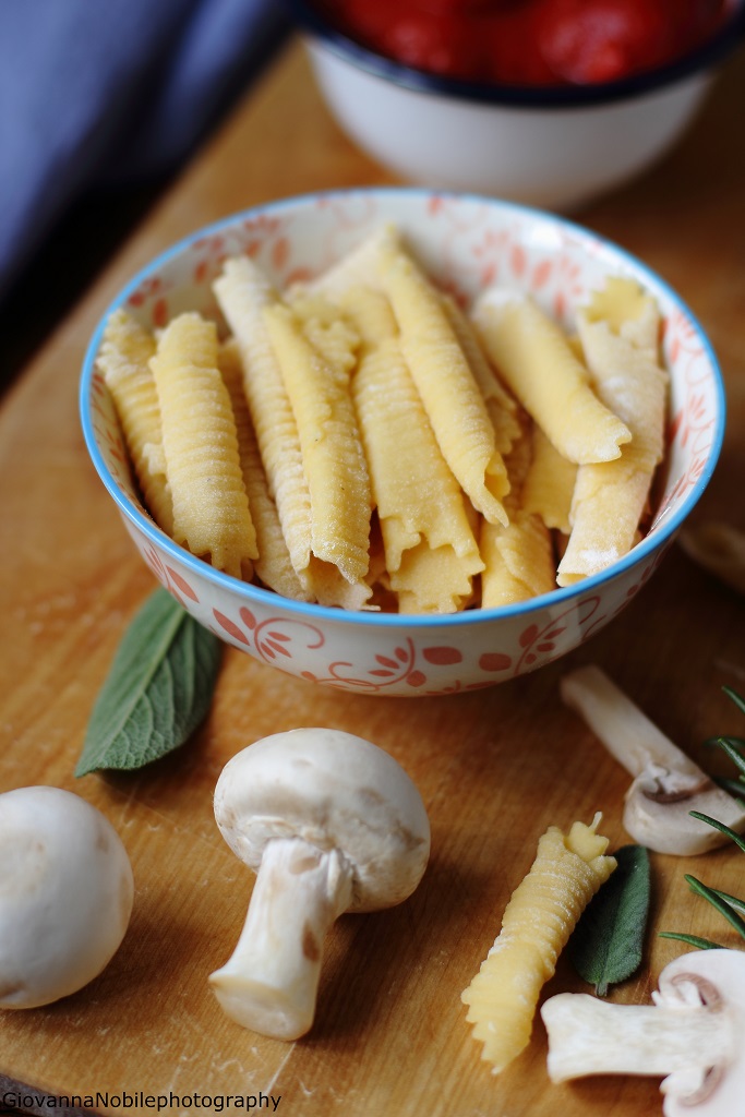 Garganelli all'uovo con sugo di pomodori e funghi champignon