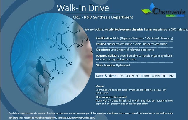 Chemveda Lifesciences | Walk-in interview for R&D on 3 Oct 2020 at Hyderabad