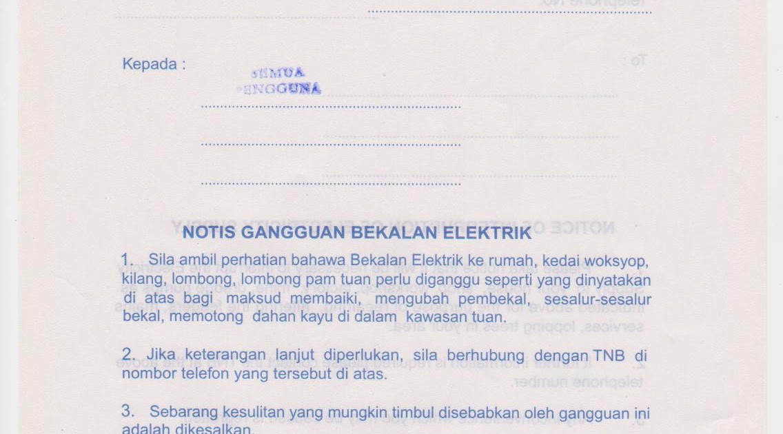 Contoh Surat Rasmi Gangguan Bekalan Elektrik