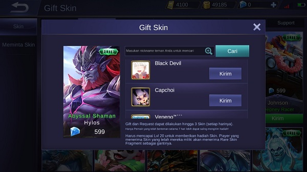 Cara Gift / Mengirim Skin ke Teman di Mobile Legends 