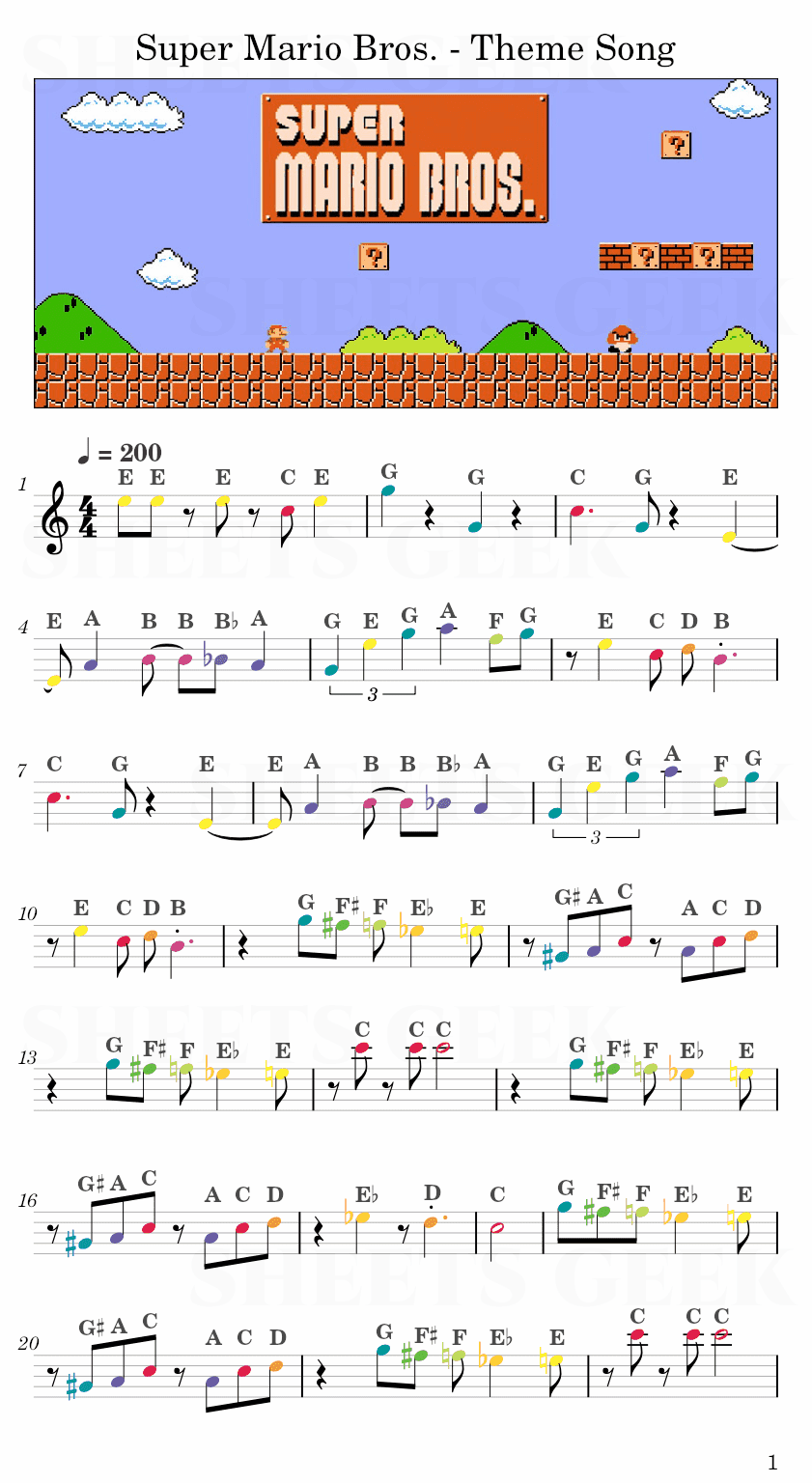 Super Mario Bros. - Theme Song Easy Sheets Music Free for piano, keyboard, flute, violin, sax, celllo 1