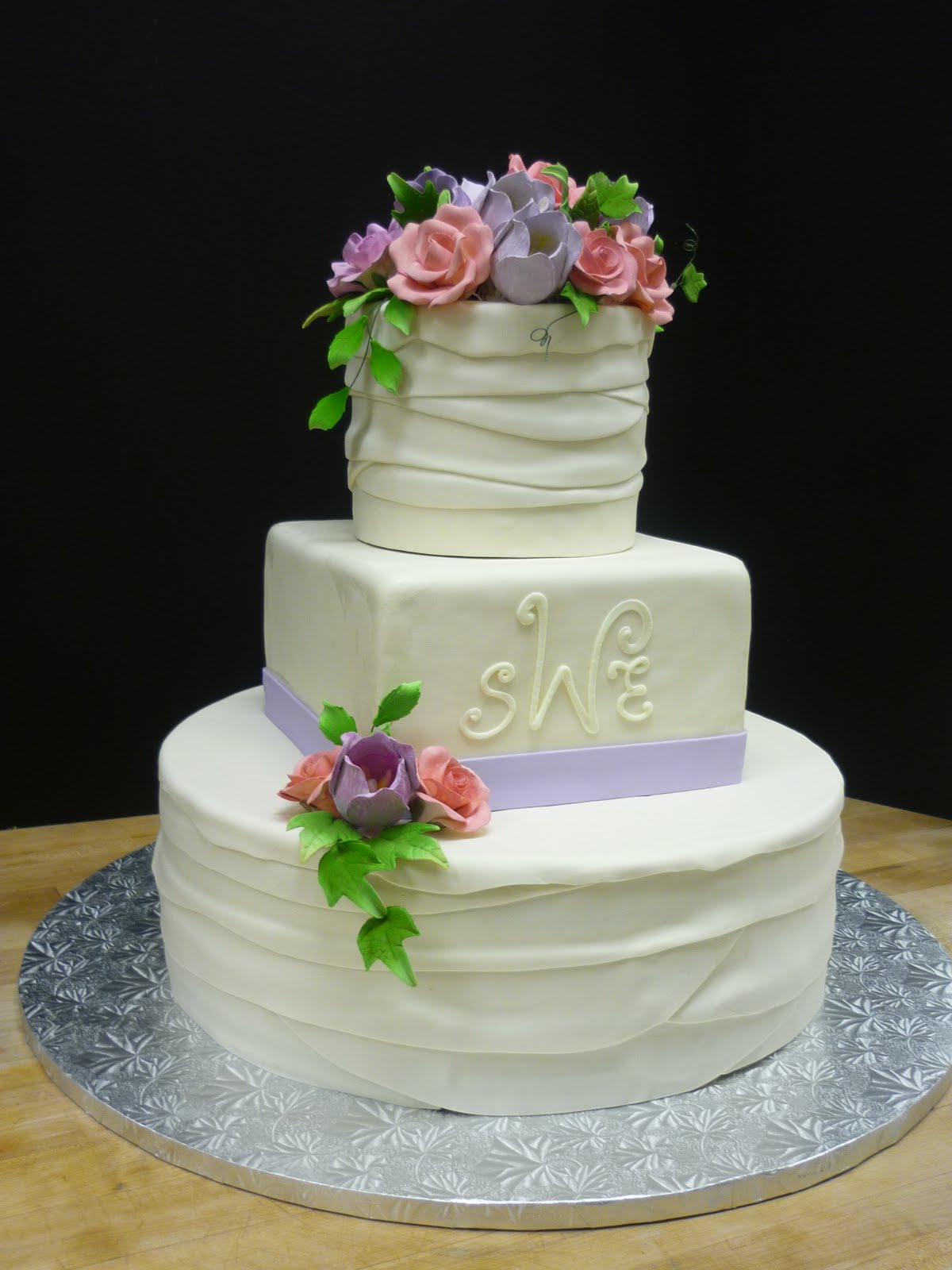 beautiful square wedding cakes Wedding Cake: Ruched Pleats of Fondant with Victorian Lavender Tulips 
