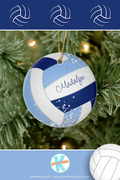  blue white volleyball tiny silver stars accent ceramic ornament 