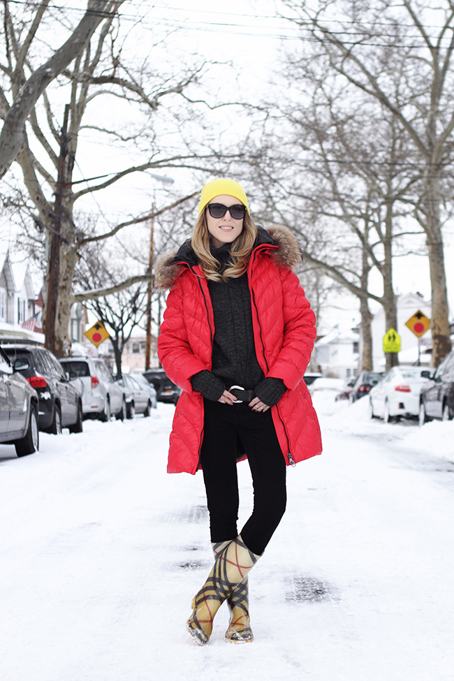 An idea about how to wear bright colors in winter: “Winter Brights” by Victoria of “The Wind of Inspiration”: wearing yellow beanie + red down coat + black skinny cords + yellow rain boots #twoistyle #style #fashion #personalstyle #fashionblog #ootd #outfit #outfitoftheday