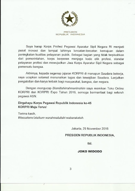 Sambutan Tertulis Presiden RI HUT Ke-45 KORPRI Tahun 2016