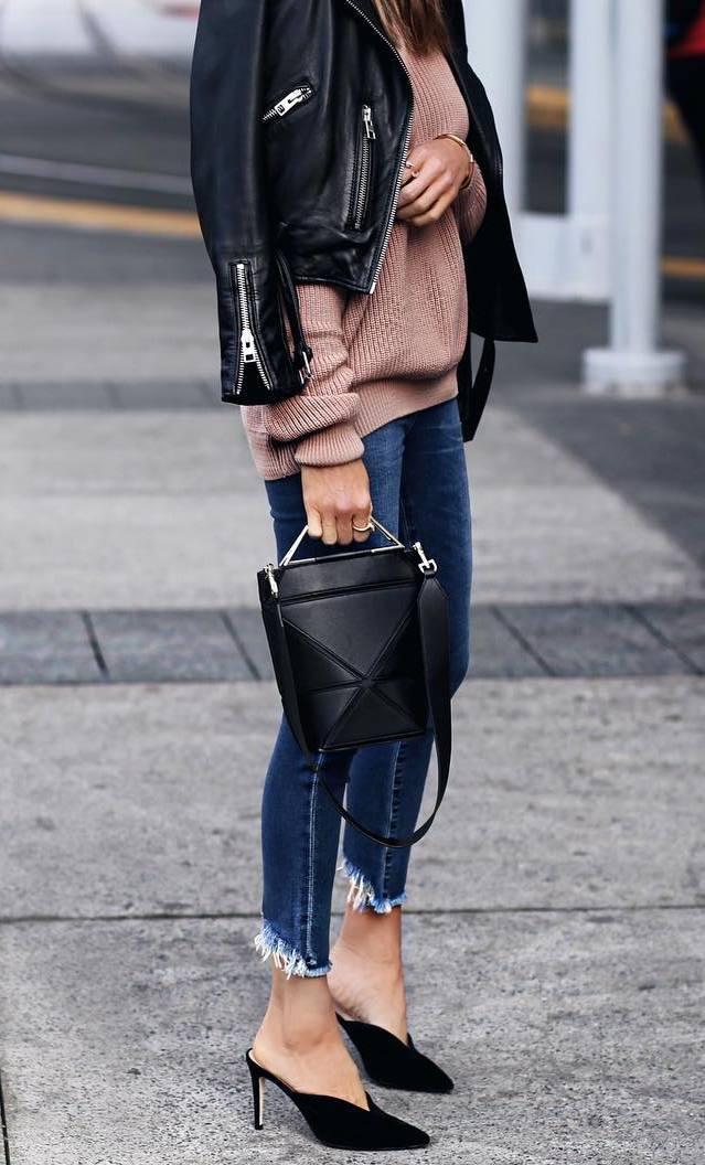 stylish look_leather jacket + brown sweater + black bag + skinnies + heels