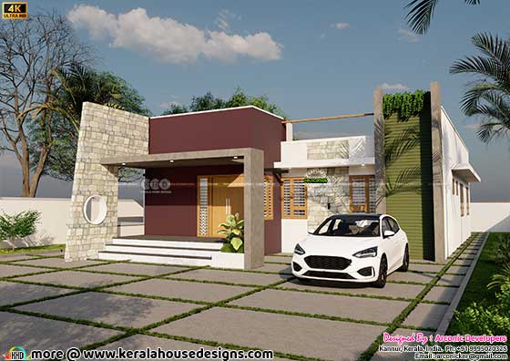 Left side view of the 2023 Sq.Ft. Kerala House Elevation featuring a vibrant green show wall with stylish stripe designs
