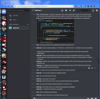 This screen capture shows a discord conversation between myself and boformer on March 11-12, a day after releasing my Harmony (redesigned) mod, where boformer asks me for help, and I give it readily, which leads to him partially fixing his own Harmony, without any acknowledgment of my assistance.  His Harmony mod had been in a broken state since his February 14 unannounced released which broke a number of mods, including Network Extensions 2. After releasing this broken harmony, boformer declare Next2 "incompatible", and released a hacked, counterfeit version which also had issues.  Following the March 12 exchange, and his subsequent Harmony fix, he declared Next2 "not incompatible any more"