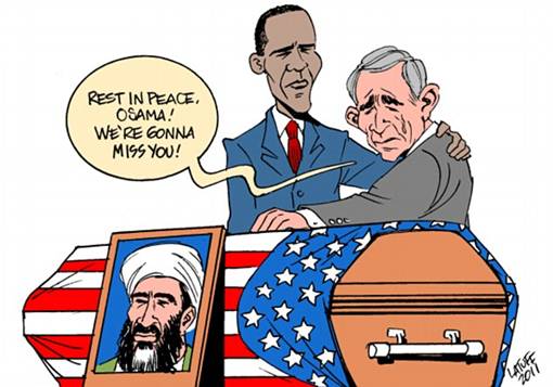 Mengejek George Bush: Osama Bin Laden digambarkan sebagai warga negara Amerika dengan bendera di atas peti mati