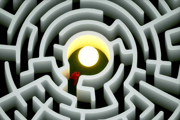 3D illustration depicting an overhead view of a red character navigating a maze to find a glowing orb in the middle