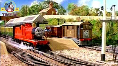 Thomas the tank engine James the red train engine in a Mess Toby and Henrietta the old rail carriage