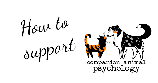 How to support Companion Animal Psychology. Image includes the logo with a tortoiseshell cat greeting an Australian Shepherd dog.