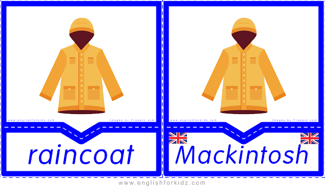 Raincoat vs. Mackintosh - English clothes and accessories flashcards for ESL students